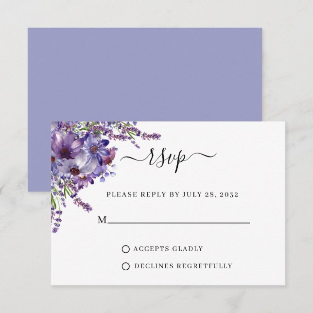 Cartão RSVP Casamento de Peônias de Lavanda Floral Elegante (Frente/Verso)