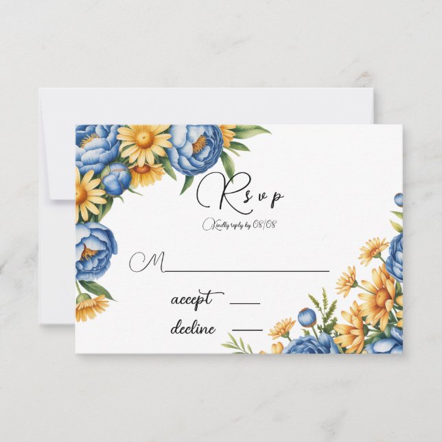 Cartão RSVP Casamento de Peony Azul e Disias Amarelas (Frente)