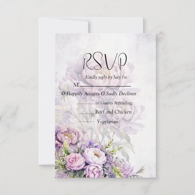 Cartão RSVP Casamento de Peony de Lavanda de Aquarela (Frente)