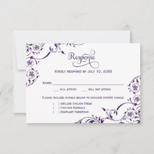 Cartão RSVP Casamento de Pergaminhos Roxos Elegante