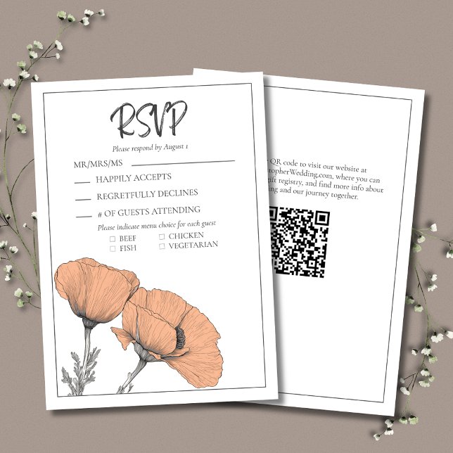 Cartão RSVP Casamento de Pêspias Florais de Pêssego Moderno (Peach Wedding RSVP Card with Poppies, Guest Response, Meal Selections, and Modern Typography.)