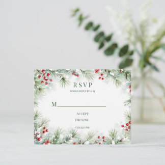 Cartão RSVP Casamento de Pinheiro de Inverno e Amora Vermelha