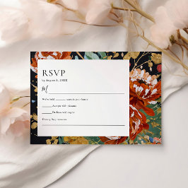 Cartão RSVP Casamento de Pintura Dourada Floral de Peões Laran
