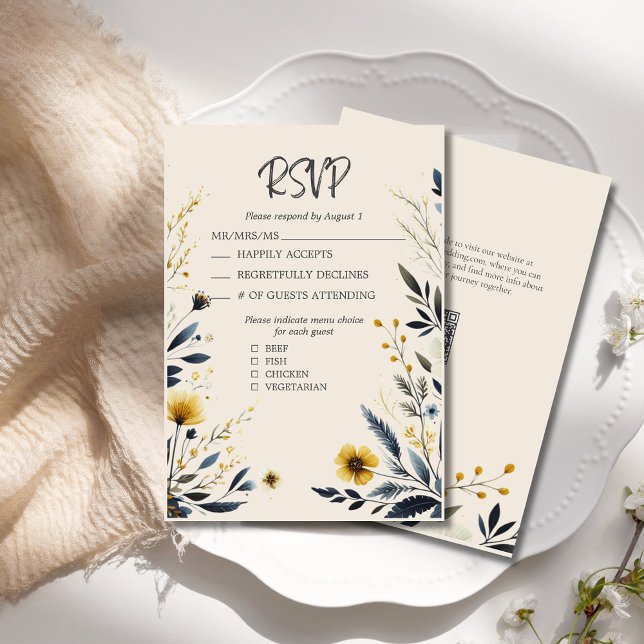 Cartão RSVP Casamento de Porcos Elegante de Flores Selvagens d (Watercolor Floral Wedding RSVP Card with Menu Options, QR Code, Blue and Yellow Wildflowers.)