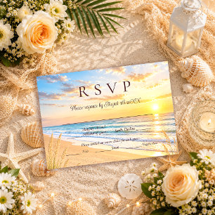 Cartão RSVP Casamento de Praia com Ondas Tropicais Azuis Elega