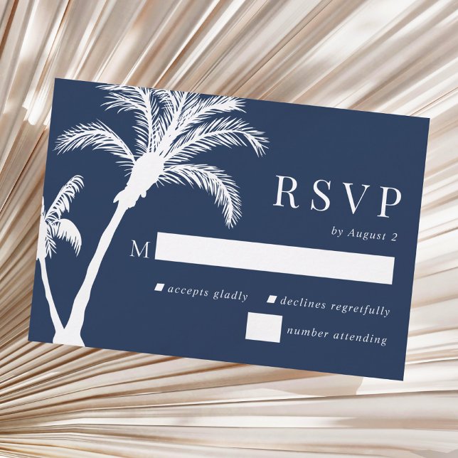 Cartão RSVP Casamento de Praia da Árvore Tropical marinho Azul (Criador carregado)