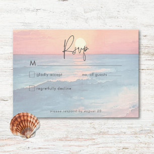 Cartão RSVP Casamento de Praia da Sunset Watercolor no Oceano 