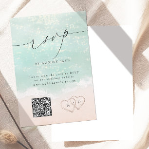 Cartão RSVP Casamento de Praia de Corações de Areia de Script