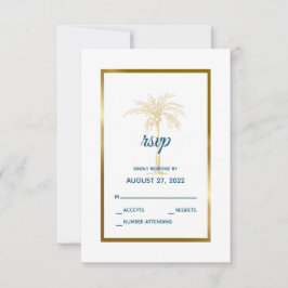 Cartão RSVP Casamento de praia de palmeira Dourada azul tropic