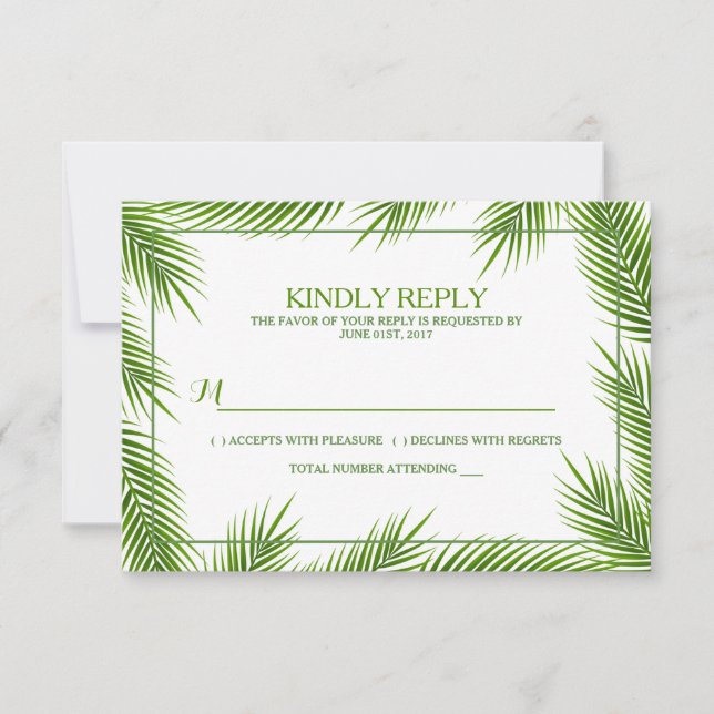 Cartão RSVP Casamento de Praia de Palmeiras Tropicais (Frente)