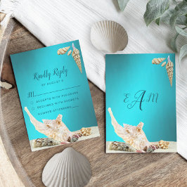 Cartão RSVP Casamento de Praia de Teal Blue Turquoise Seashell