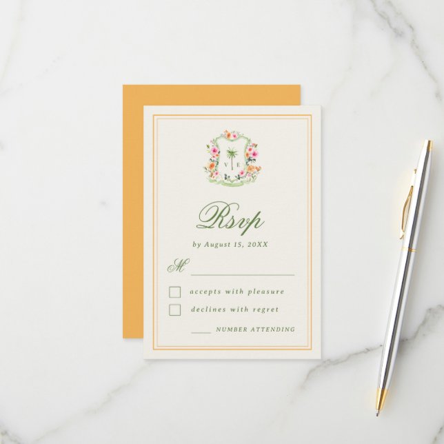 Cartão RSVP Casamento de praia Tropical Palm Tree Monograma (Frente/Verso In Situ)