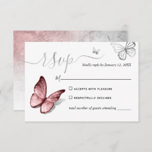 Cartão RSVP Casamento de Prata Elegante e Borboleta Rosa