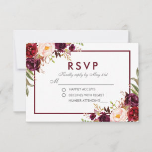 Cartão RSVP Casamento de Prata Floral de Borgonha de Watercolo