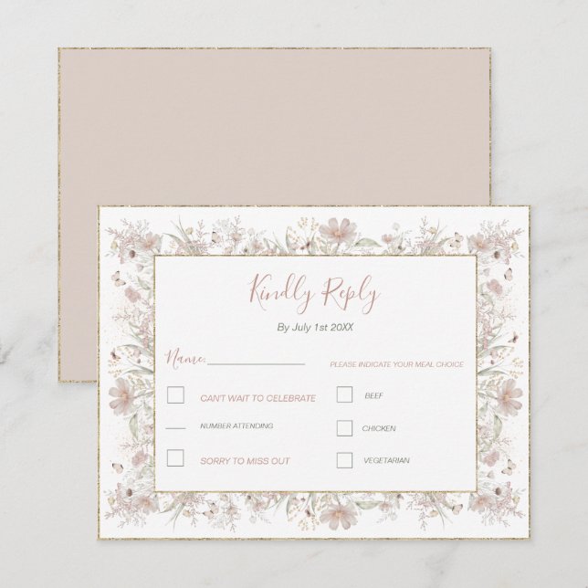 Cartão RSVP Casamento de primavera de Blush e Sage Wildflower (Frente/Verso)