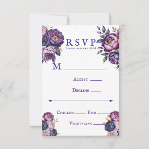 Cartão RSVP Casamento de Púrpura Elegante e de Penas Magenta