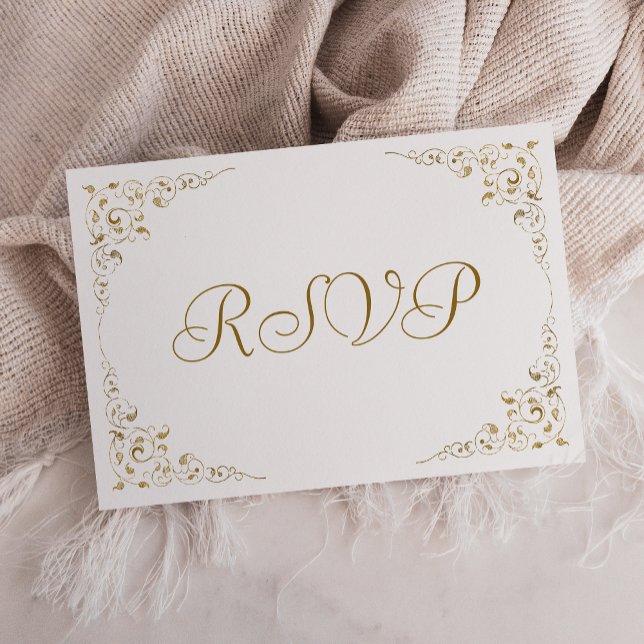 Cartão RSVP Casamento de Quadro Botânico de Script Dourado Ele (Criador carregado)