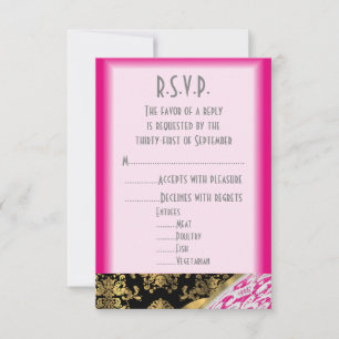 Cartão RSVP Casamento de R.S.V.P., preto, rosa e ouro