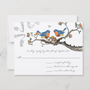 Cartão RSVP Casamento de Ramalhete Florido de Pássaros Azuis V
