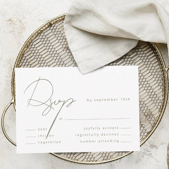 Cartão RSVP Casamento de Refeições Verdes no Senado Elegante (Elegant Calligraphy Sage Green Meal Wedding RSVP Card)