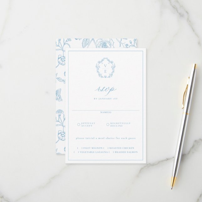 Cartão RSVP Casamento de Regency Crest Light Blue Meal Choice (Frente/Verso In Situ)