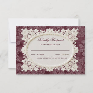 Cartão RSVP Casamento de Renda com Doily em Marfim Borgonha Ol