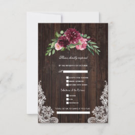 Cartão RSVP Casamento de renda de madeira floral rosa Borgonha