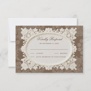 Cartão RSVP Casamento de Renda Marfim Marrom Dinheiro Antigo V