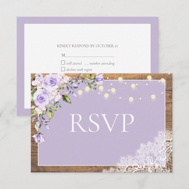 Cartão RSVP Casamento de rendas de madeira rustica com Lavanda (Frente/Verso)