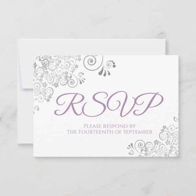 Cartão RSVP Casamento de rendas Elegante Elegante lavanda e Br (Frente)