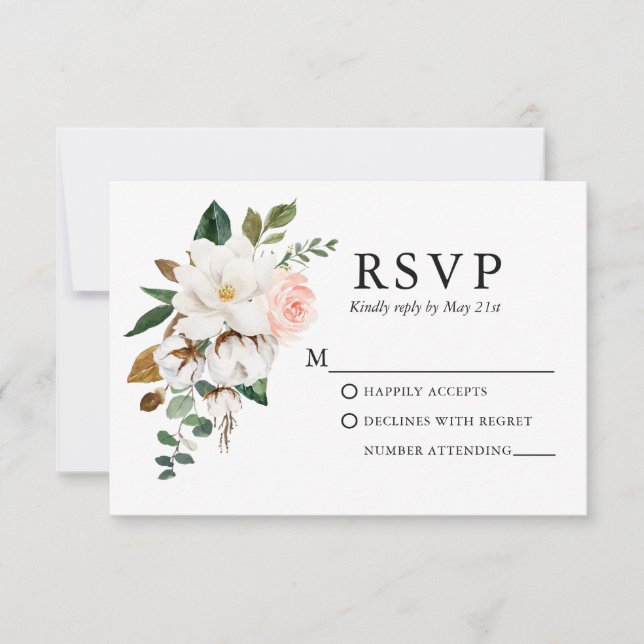 Cartão RSVP Casamento de Rodas Rosa Magnólias de Aquarela (Frente)