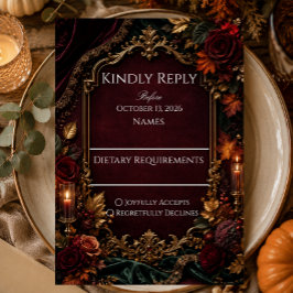 Cartão RSVP Casamento de Romance Sombrio Burgundy & Gold