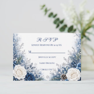 Cartão RSVP Casamento de Rosa Azul e Branca no Inverno Mágico