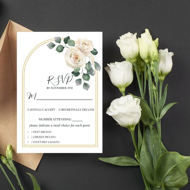 Cartão RSVP Casamento de Rosa Branca e Ouro Moderno Elegante (Criador carregado)