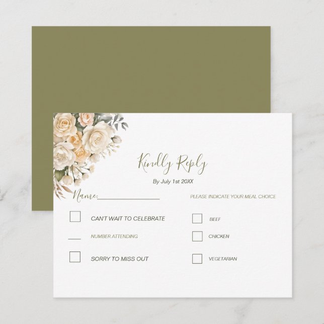 Cartão RSVP Casamento de Rosa de marfim e branco de pérola ele (Frente/Verso)