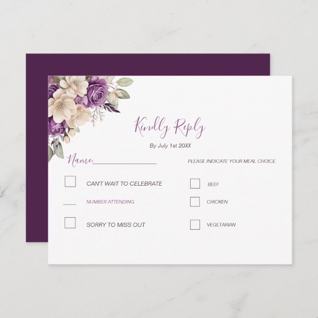 Cartão RSVP Casamento de Rosa de marfim e roxo elegante (Frente/Verso)