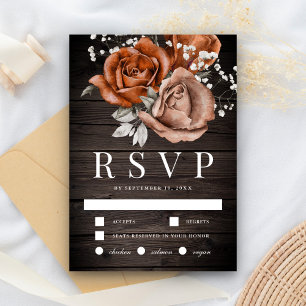 Cartão RSVP Casamento de Rosa Laranja Queimada de Madeira Rúst