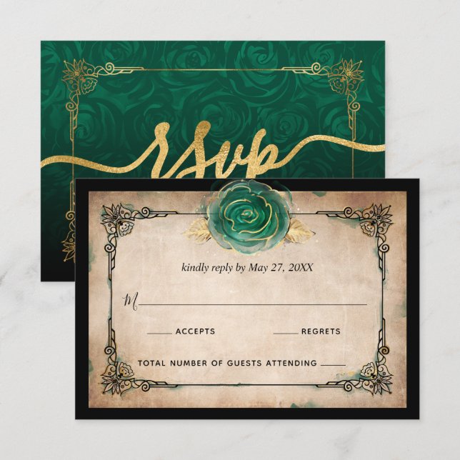 Cartão RSVP Casamento de Rosa Negra Negra Elegante Verde-Doura (Frente/Verso)