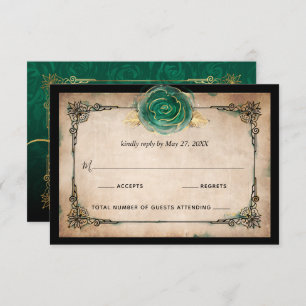 Cartão RSVP Casamento de Rosa Negra Negra Elegante Verde-Doura