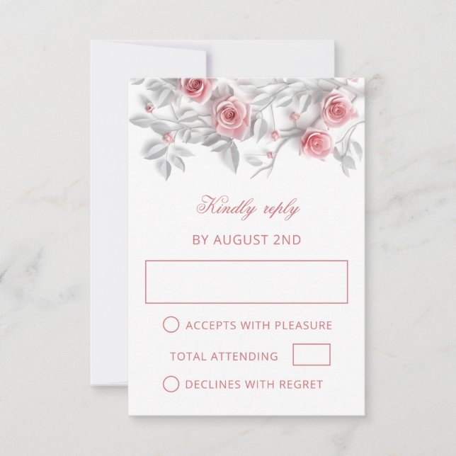 Cartão RSVP Casamento de Rosas 3D Rosa (Frente)
