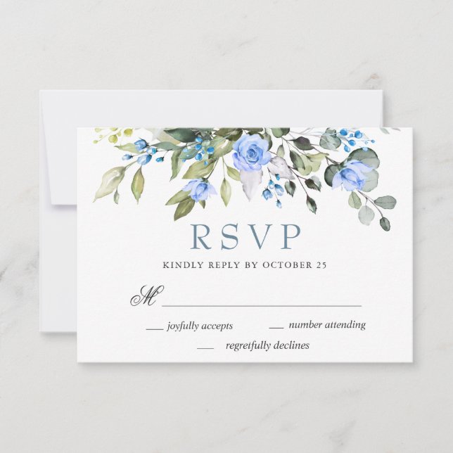 Cartão RSVP Casamento de Rosas Azuis Elegante Eucalyptus (Frente)