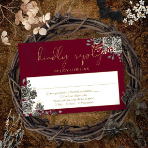 Cartão RSVP Casamento de Rosas Florais Góticas Burgundy e Dour