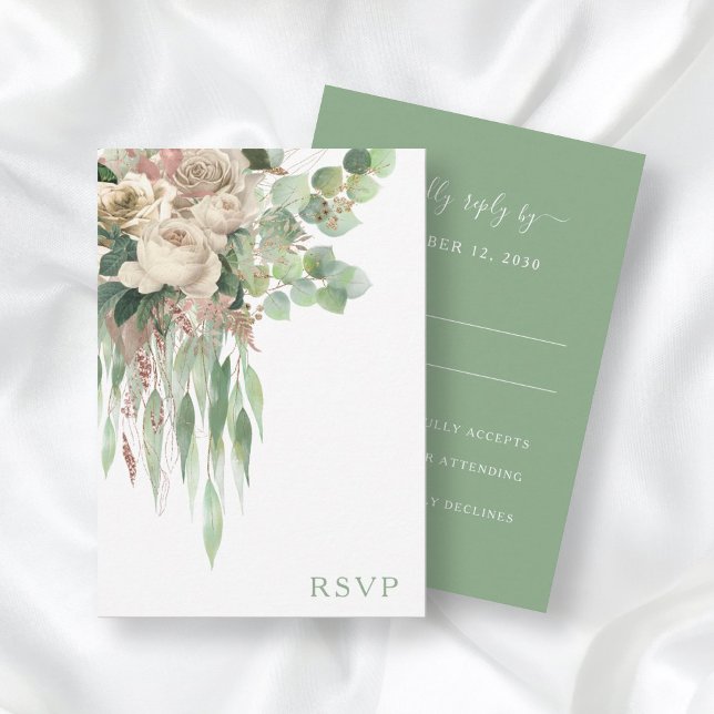 Cartão RSVP Casamento de Rosas Florais Verdes Elegantes (Criador carregado)