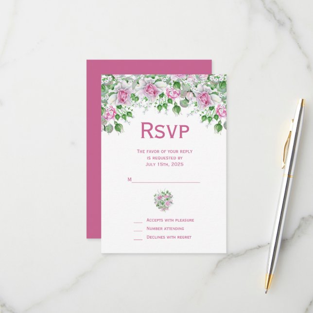 Cartão RSVP Casamento de Rosas Românticos Rosa (Frente/Verso In Situ)