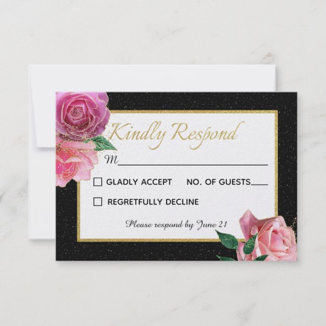 Cartão RSVP Casamento de Rosas Rosa e Brilhante Preto (Frente)