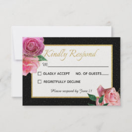 Cartão RSVP Casamento de Rosas Rosa e Brilhante Preto