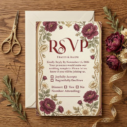 Cartão RSVP Casamento de Rosas Vermelhas Vinho Dourado Elegant