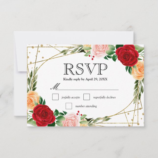Cartão RSVP Casamento de Rosas Vermelho e Laranja com Aquarela (Frente)