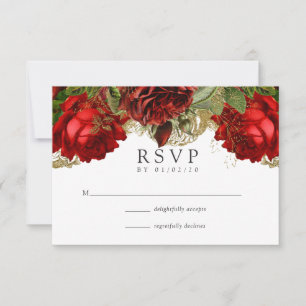 Cartão RSVP Casamento de Rosas Vintage Burgundy Vermelho e Dou