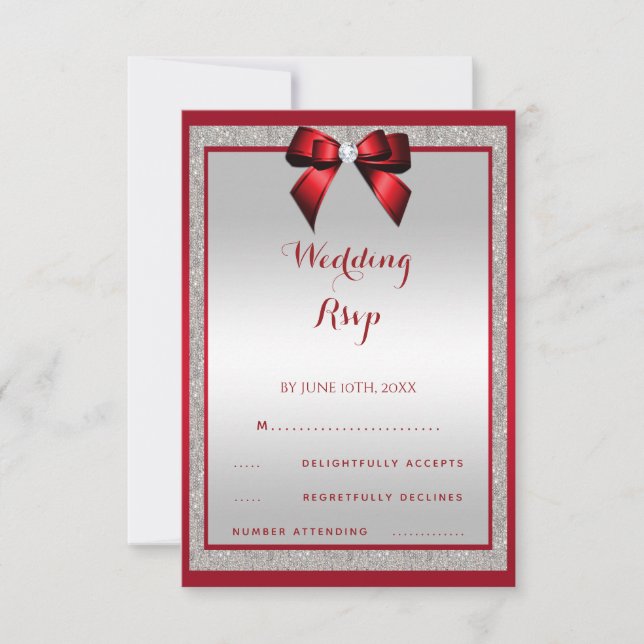 Cartão RSVP Casamento de Ruby Red & Silver Glitter Elegante (Frente)